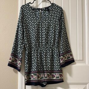 Forever 21 Patterned Blue Romper with Floral Detail Bell Sleeves and Pockets